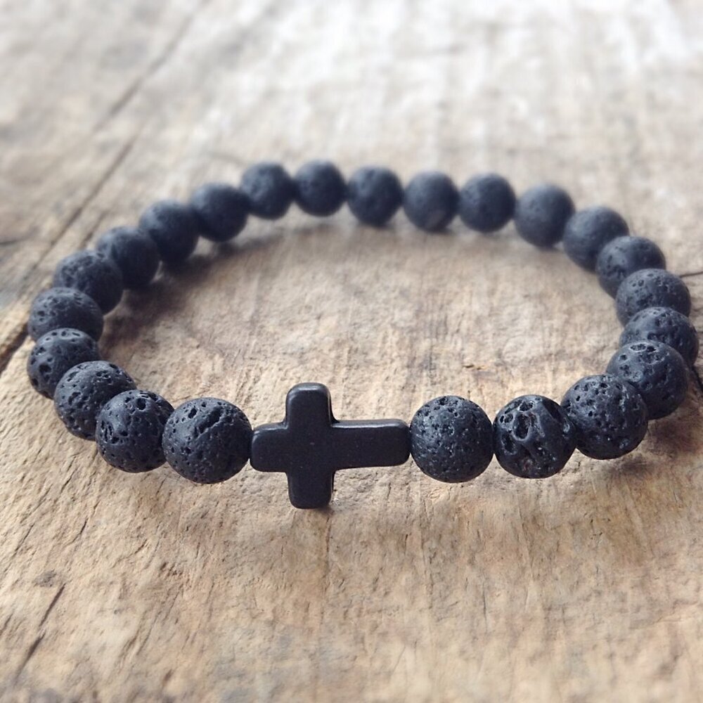 Black Cross Lava Stone Bead Bracelet 8mm beads - Size 8 inches